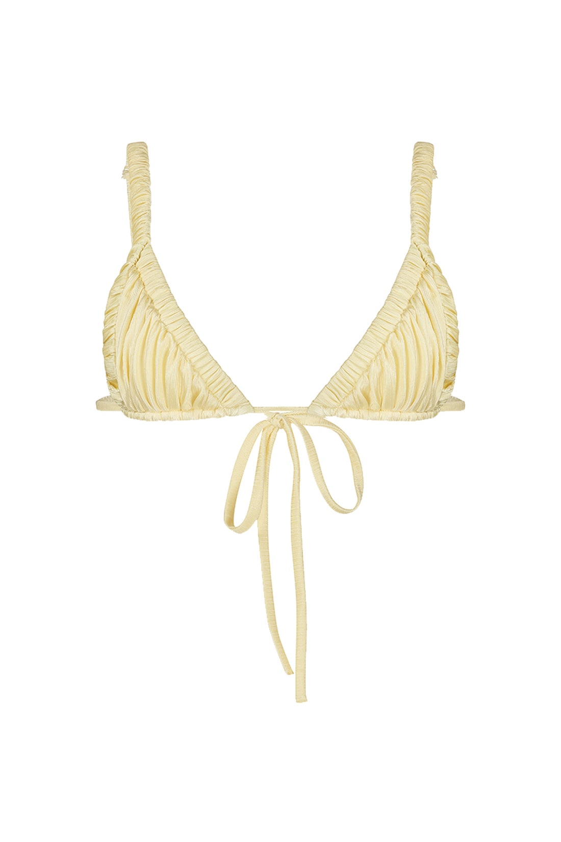 Cream-colored bikini top with ruched design on a white background