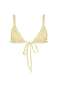 Cream-colored bikini top with ruched design on a white background