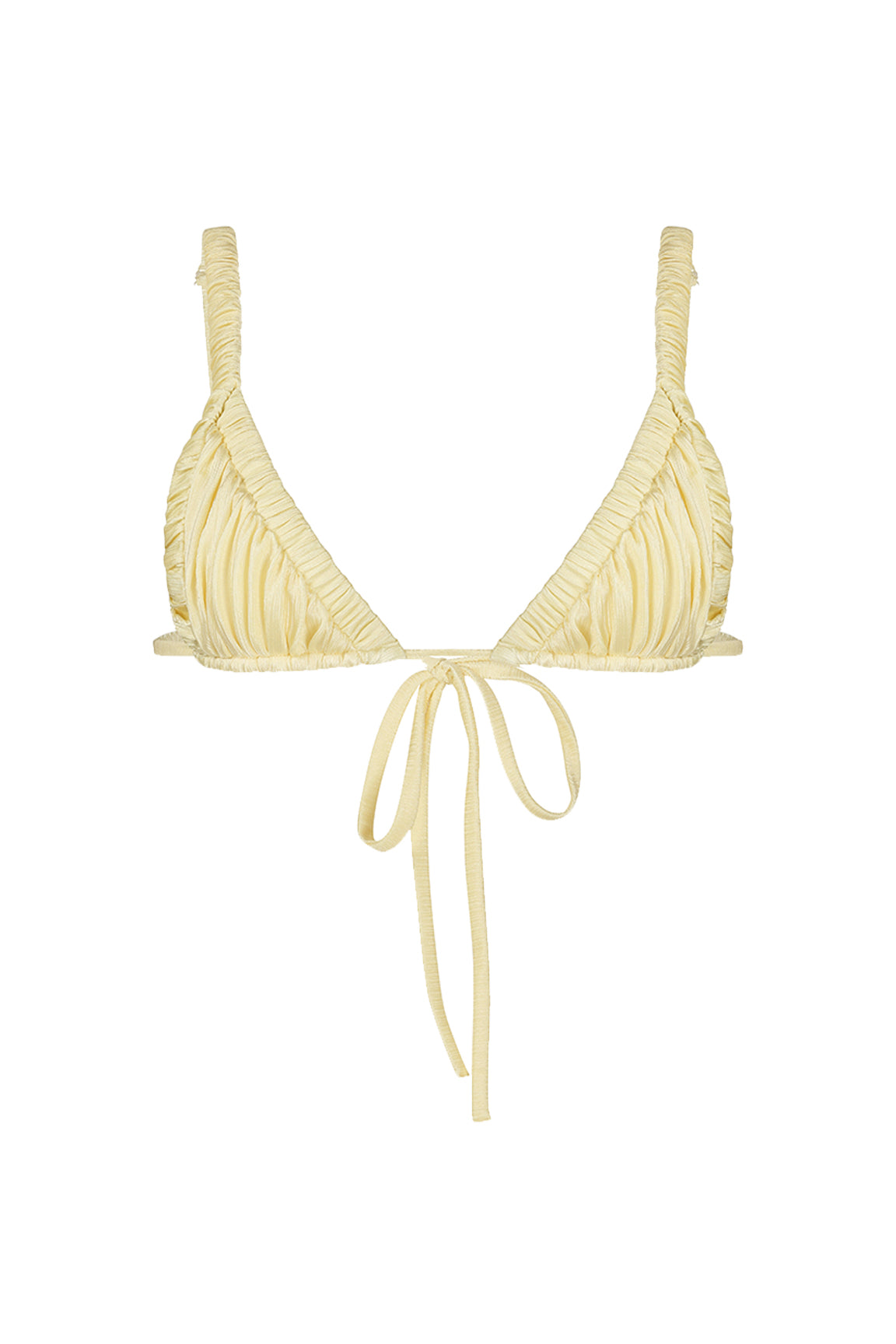Cream-colored bikini top with ruched design on a white background
