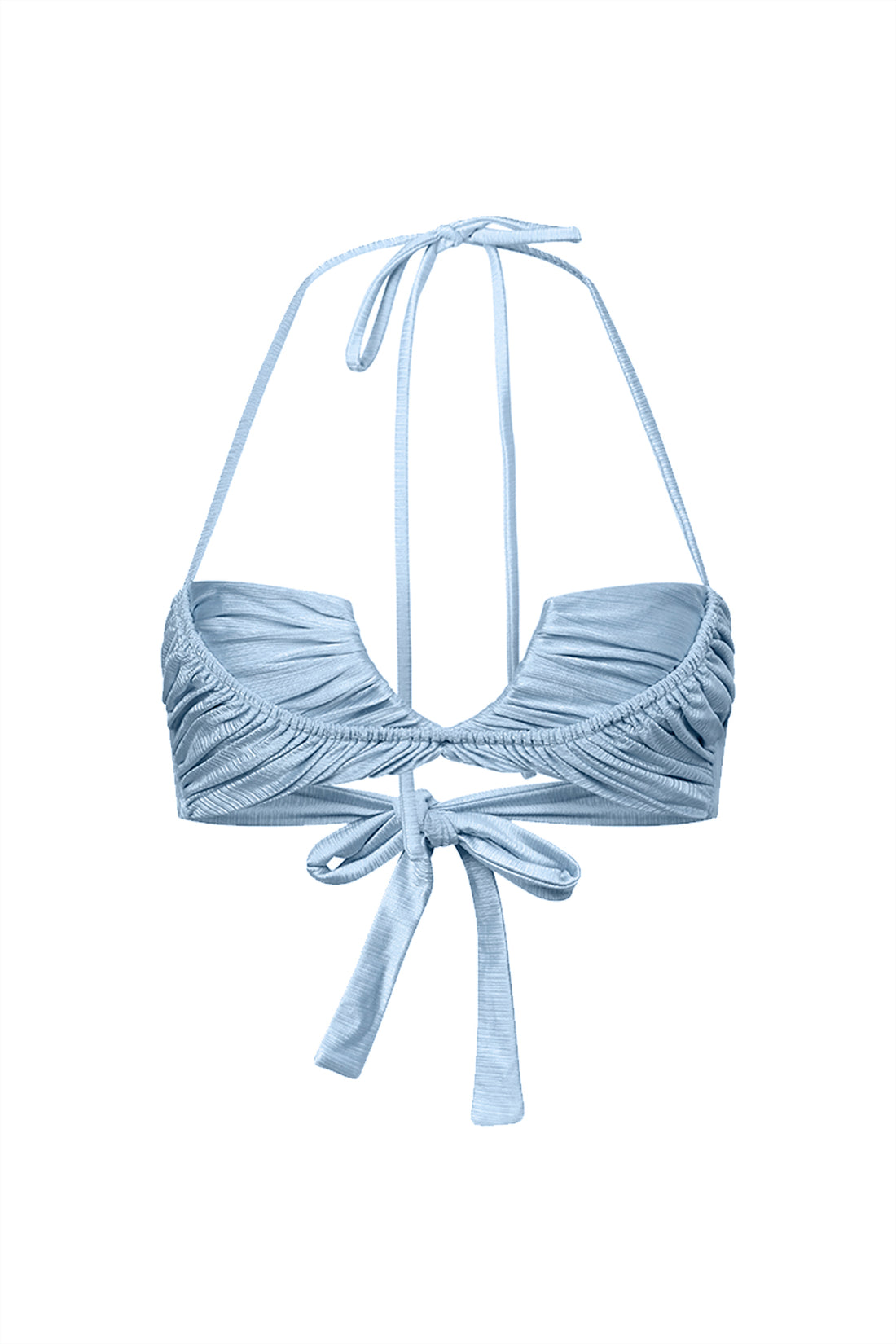 Cream-colored bikini top with ruched design on a white background