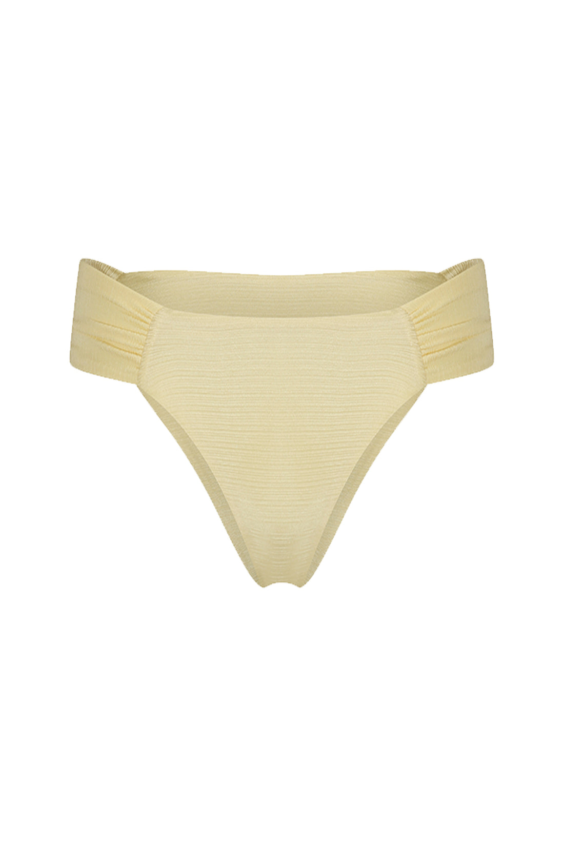 Cream-colored bikini top with ruched design on a white background