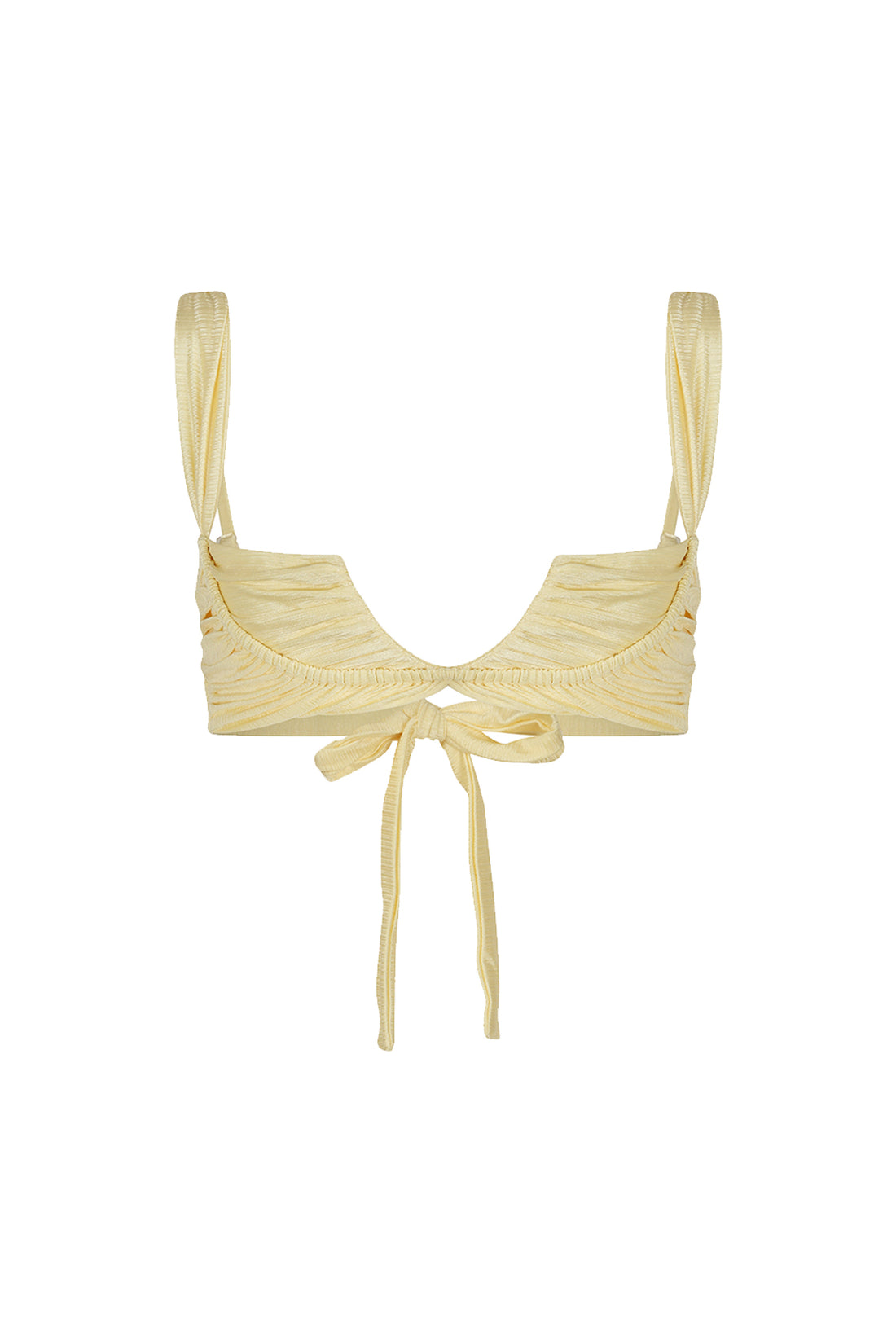 Cream-colored bikini top with ruched design on a white background